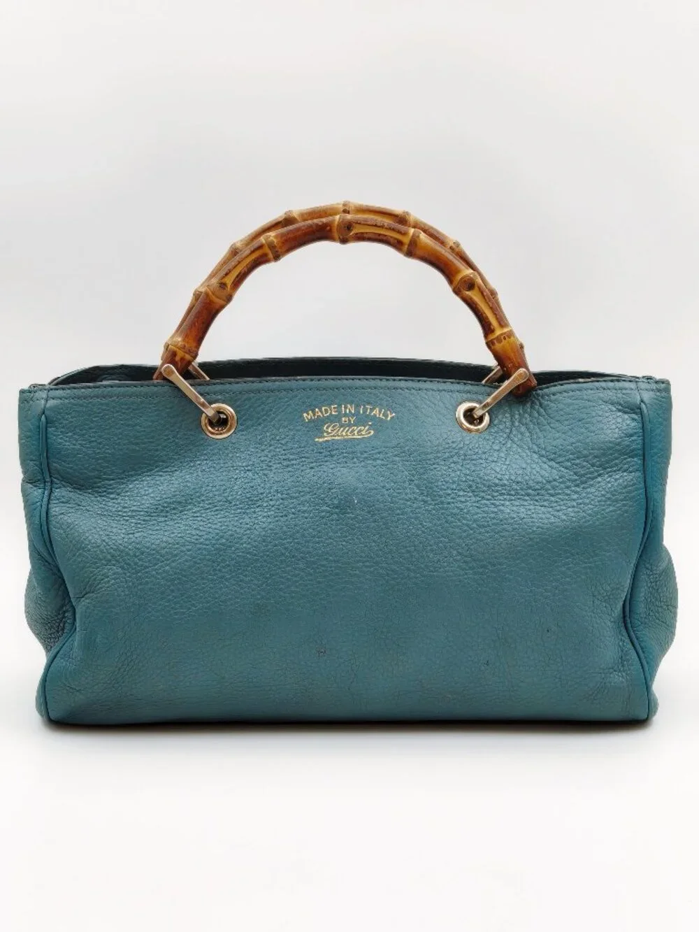 Gucci Bamboo Top Handle Leather Tote Bag Blue Convertible Satchel Italy